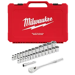 A 28-piece socket set is displayed in front of a red Milwaukee carrying case. The set includes various sizes of sockets, an extension bar, and a ratchet wrench. The case features the Milwaukee logo and the description "SAE/Metric 48-22-9008".