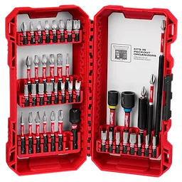This image shows an open SHOCKWAVE™ Impact Duty Driver Bit Auto Set – 43PC. The red case contains various driver bits, nut drivers, and adapters organized in rows. The set is designed to fit in PACKOUT Organizers, as indicated by the label inside the case.