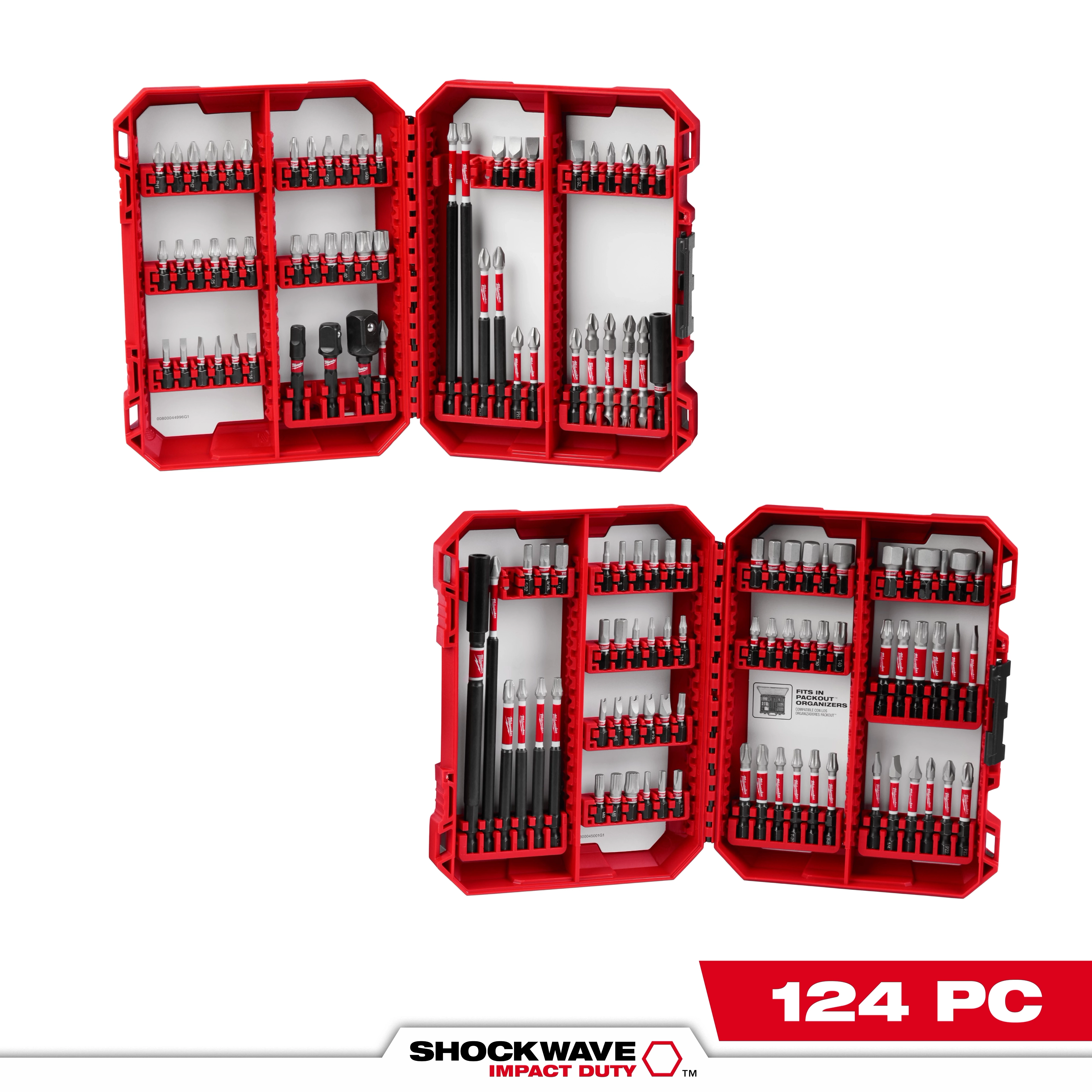 The SHOCKWAVE™ Impact Duty Driver Bit Auto Set – 124PC features red storage cases filled with various driver bits and accessories. Each case has multiple compartments organizing the bits and tools neatly. The set contains 124 pieces designed for impact duty driving needs.