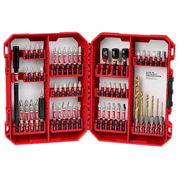 The SHOCKWAVE™ Impact Duty Drill & Drive Set - 60PC includes various drill bits and screwdrivers organized in a red plastic case. The case is open, displaying its contents neatly in designated sections.