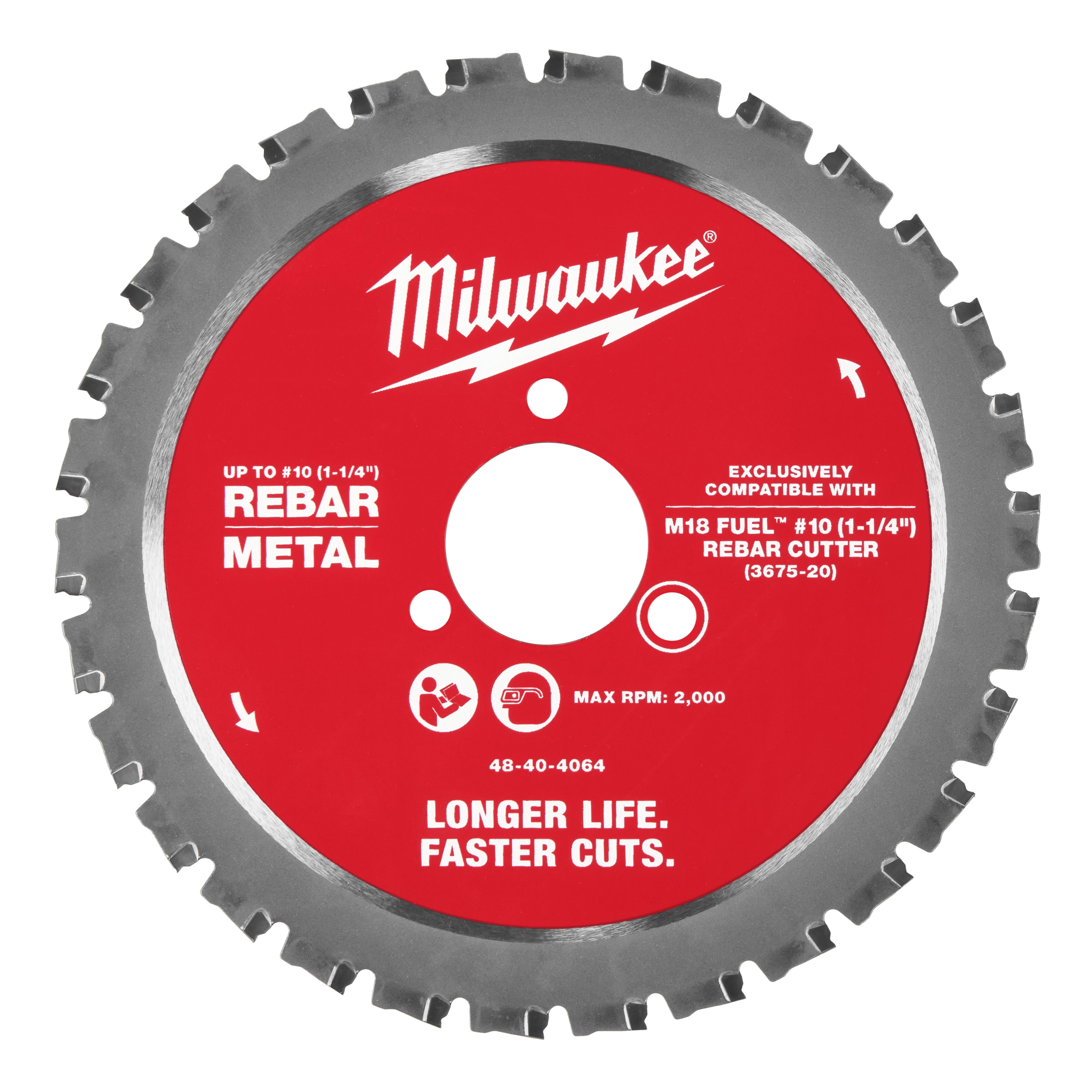 The image shows a Milwaukee® #10 (1-1/4”) Rebar Cutting Blade with a red center and metal edges featuring teeth. The blade is labeled for rebar metal, compatible with M18 FUEL™ #10 (1-1/4”) Rebar Cutter, and optimized for longer life and faster cuts. Maximum RPM: 2000.