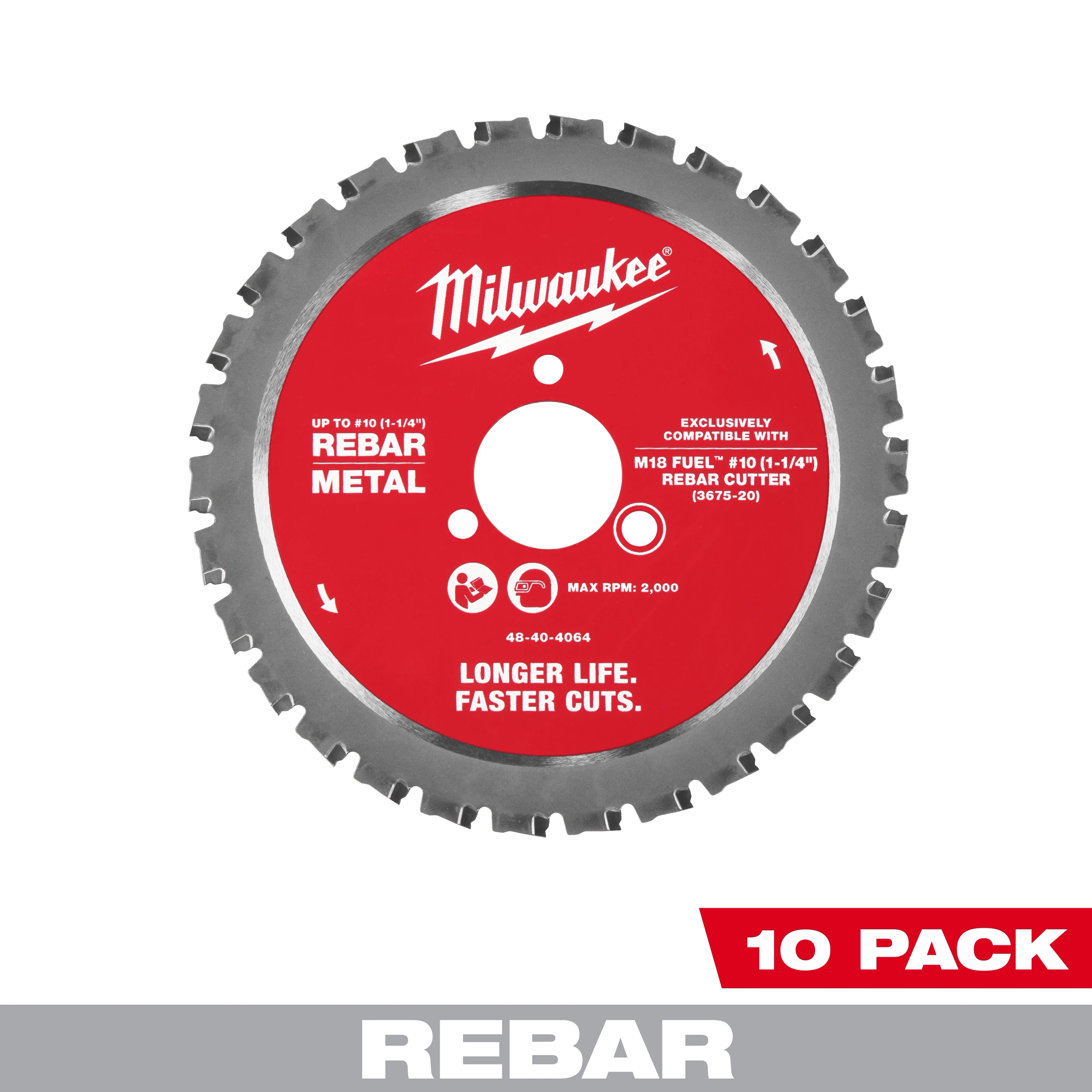 The image shows a Milwaukee rebar cutting blade with a red and silver design. It is labeled as #10 (1-1/4”) Rebar Cutting Blade 10PK, suitable for cutting metal rebar. The packaging indicates it is a 10 pack and the blade offers "Longer Life. Faster Cuts."