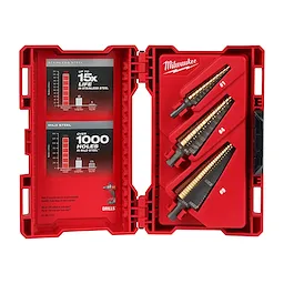 The image displays the Milwaukee Cobalt 3PC Step Set, housed in a red hard case. The set includes three step drill bits and a stainless steel guide indicating lifespan and steel types. The left side shows life expectancy and hole-making capabilities for stainless and mild steel.
