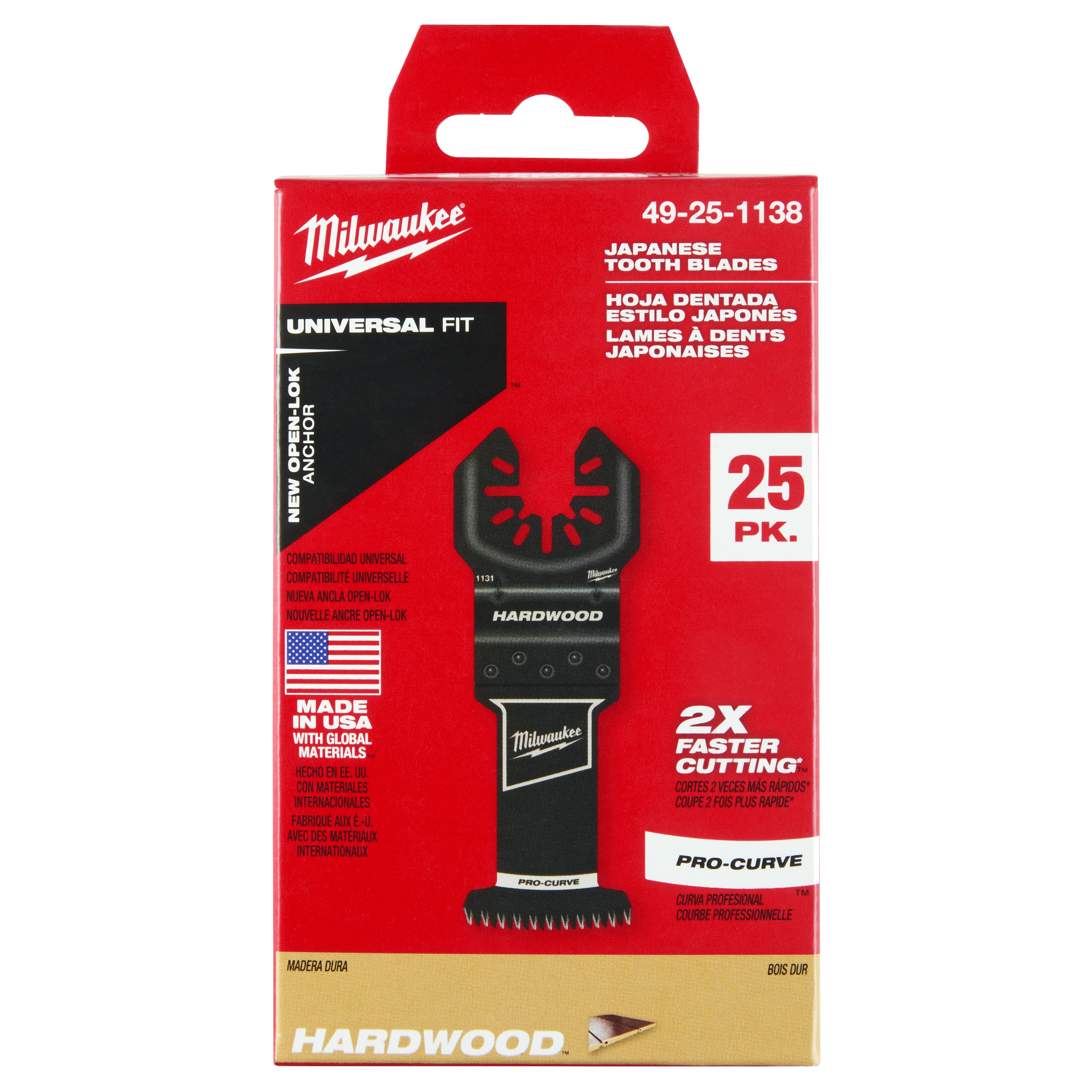 Milwaukee Open-Lok 1-3/8" HCS Japanese Tooth Pro-Curve Hardwood Multi-Tool Blades, 25-pack, shown in red packaging.