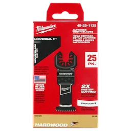 Milwaukee Open-Lok 1-3/8" HCS Japanese Tooth Pro-Curve Hardwood Multi-Tool Blades, 25-pack, shown in red packaging.
