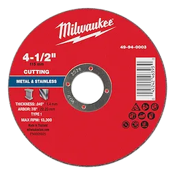 Red 4-1/2" x .045" x 7/8" Metal Cut Off Wheel - Type 1 for cutting metal and stainless. Max RPM: 13,300. Made in Thailand.